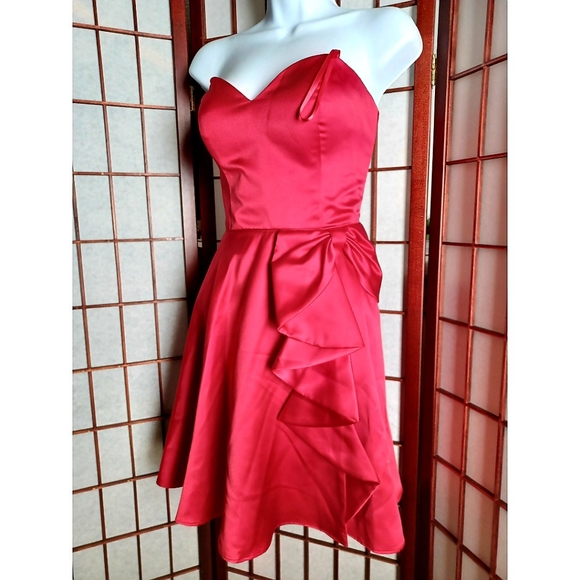 Blondie Nights Bow Ruffle Strapless Satin Fit-and-Flare Dress - Red - Picture 9 of 16